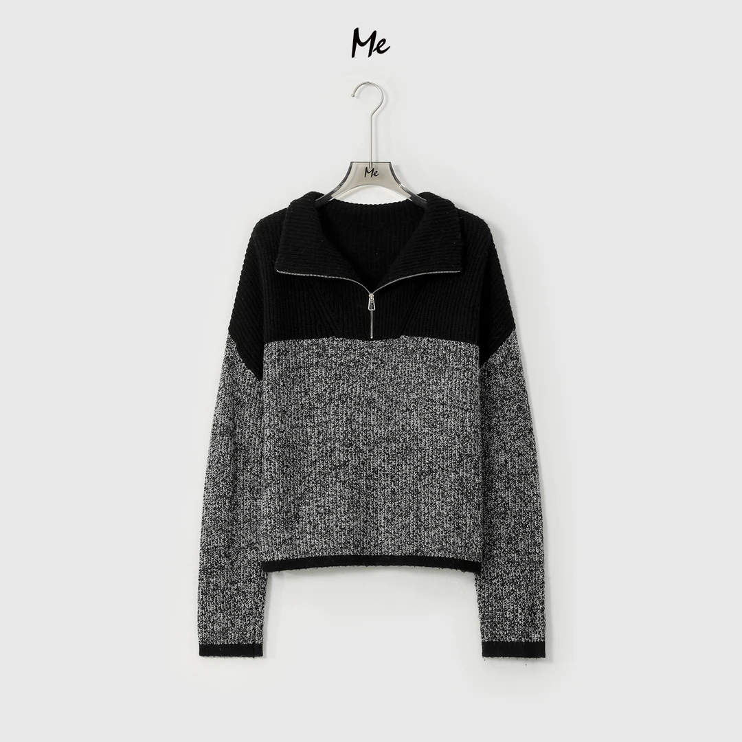 ME【巴黎时刊】绵羊毛混纺花纱拼色半开拉链套头毛衣MEQA1565