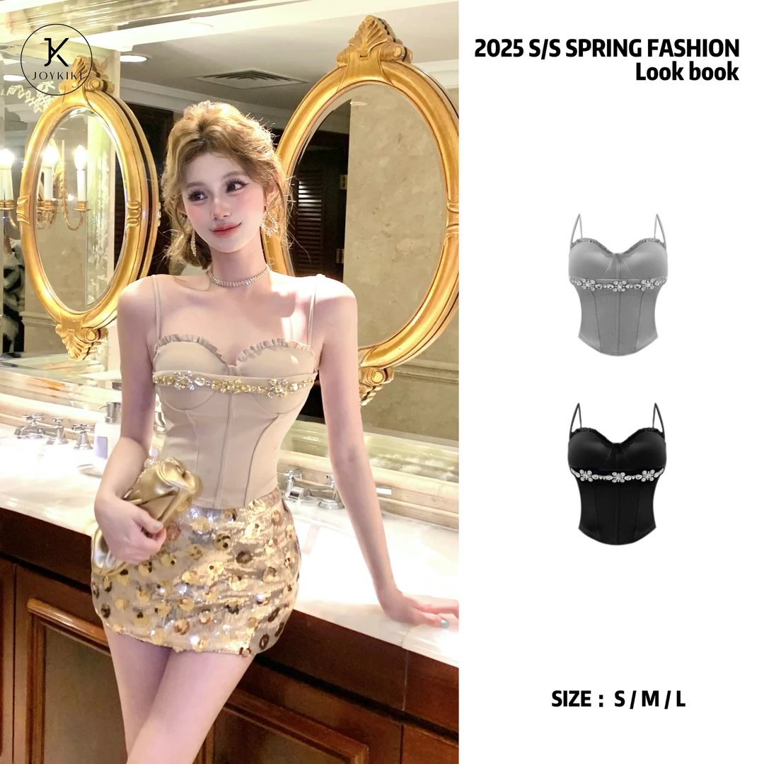 JOYKIKI 金金【鎏金黑耀】春季气质拼接镶钻设计感上衣J25A148