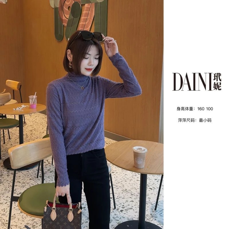 【萍萍推荐】秋款 半高领重工蕾丝花边上衣 气质泡泡袖压褶复古T