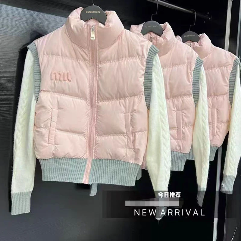 韩版短款小个子洋气字母立领拼接针织袖子拉链外套感极强洋气棉衣