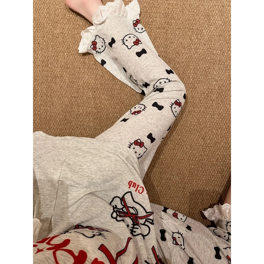 甜美风少女卡通kitty猫带胸垫短袖睡衣女夏季新款长裤套装家居服