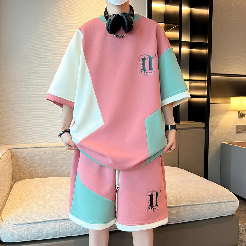 夏季短袖t恤男潮流休闲运动套装青少年男生拼色半袖搭配一套衣服