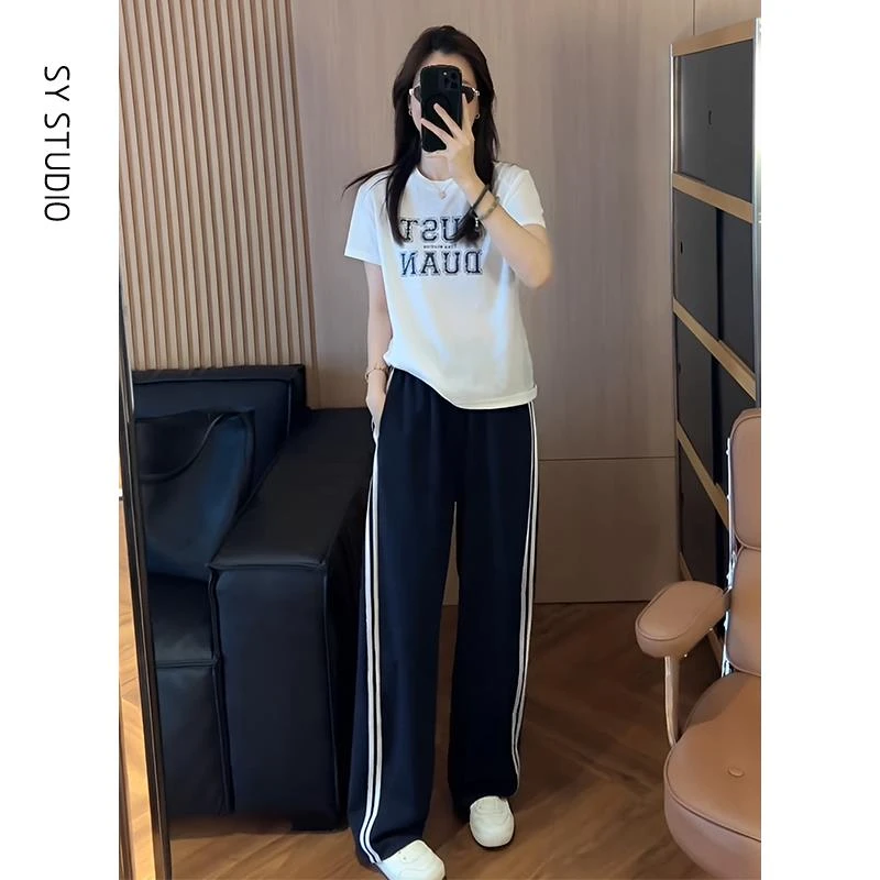 VOCKOO官方大方得体穿搭两件套做旧字母印花短袖T恤女酷飒风条纹