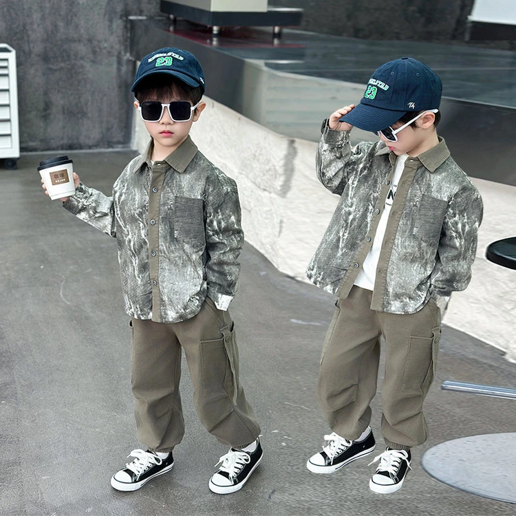 男童扎染衬衫套装2025秋装新款帅气潮款潮款童装中小童衣服酷3-12