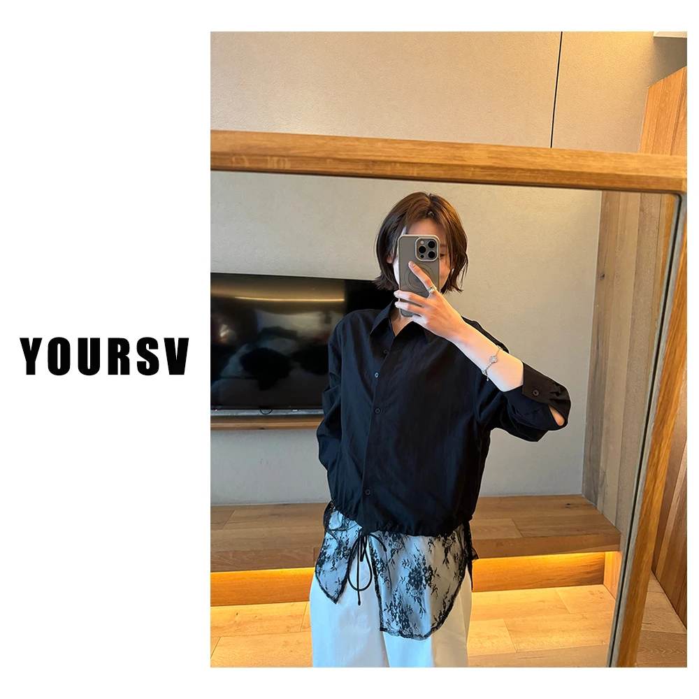 【YOURSV】「蕾丝衬衫」韩版春季气质衬衣女时尚纯色长袖蕾丝拼接上衣