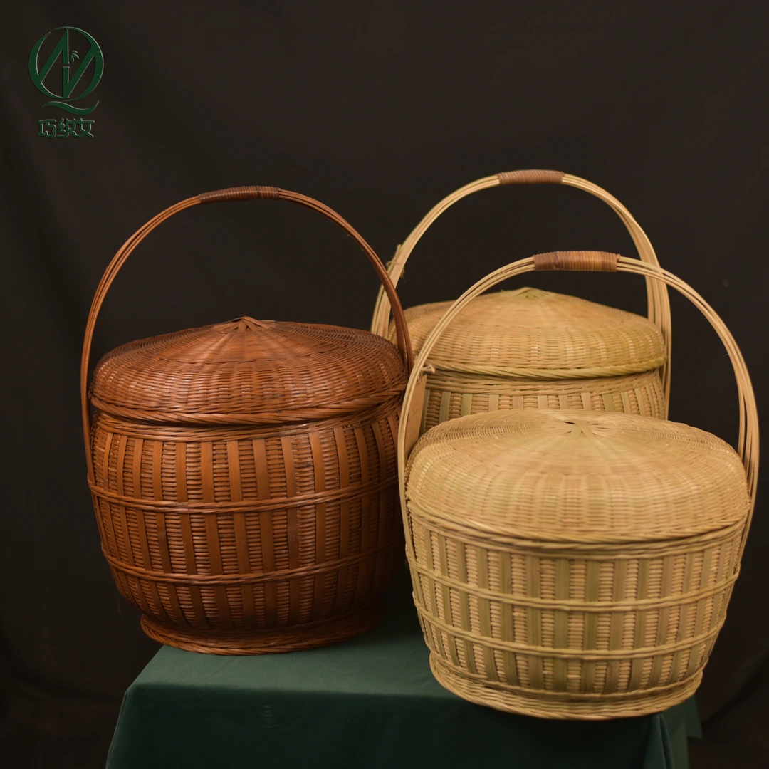 竹编双层手提篮野餐篮竹编制品大容量水果篮菜篮编织收纳筐拜神篮