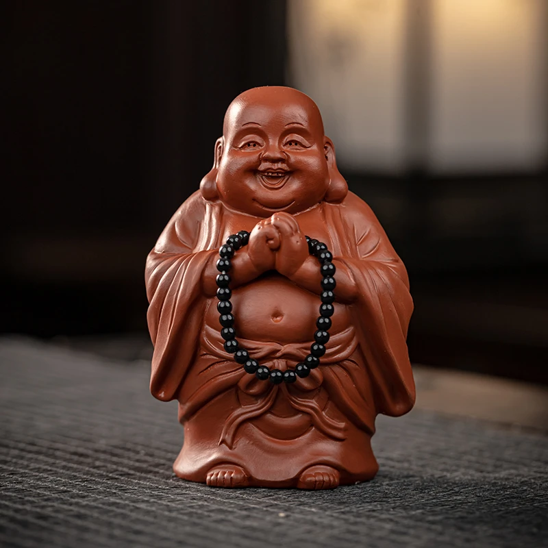 紫砂红泥手工雕刻陶瓷弥勒佛高级精品茶宠桌面小摆件高档精致泡茶