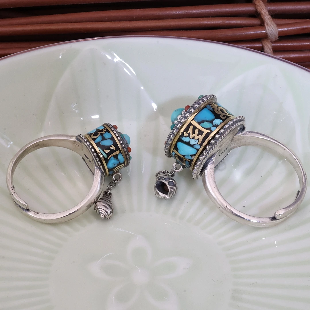 925银戒指 个性手工复古原创镶嵌旋转蓝色六字箴言活口可调节戒指