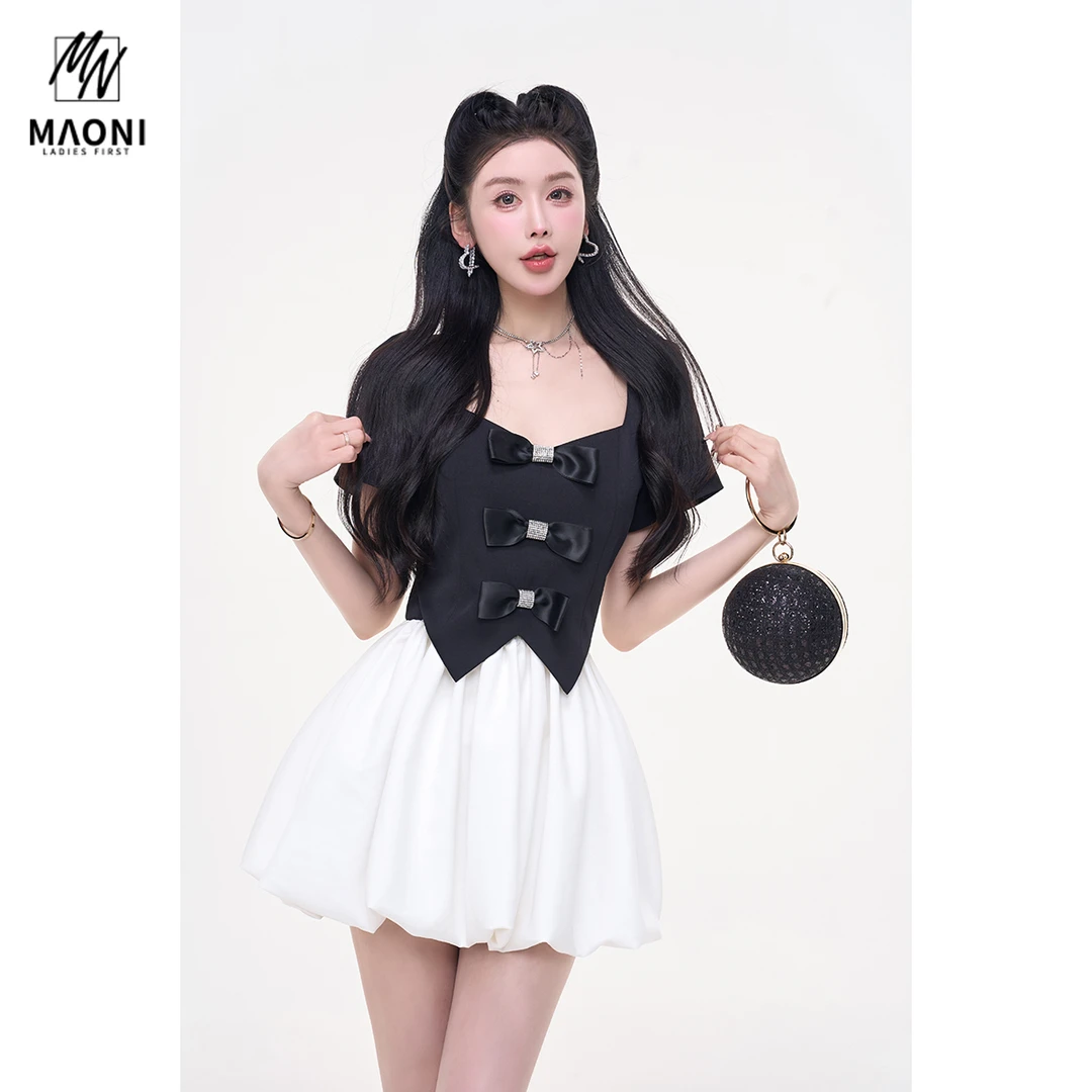 毛妮Peshe【京圈名媛】法式撞色连衣裙小香蝴蝶结伞袖蓬蓬裙L1665