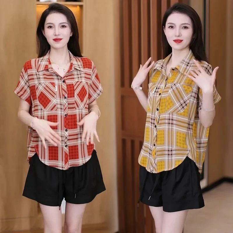 夏季格子新款短袖衬衫衬衣宽松时尚休闲显瘦外套洋气上衣百搭女士