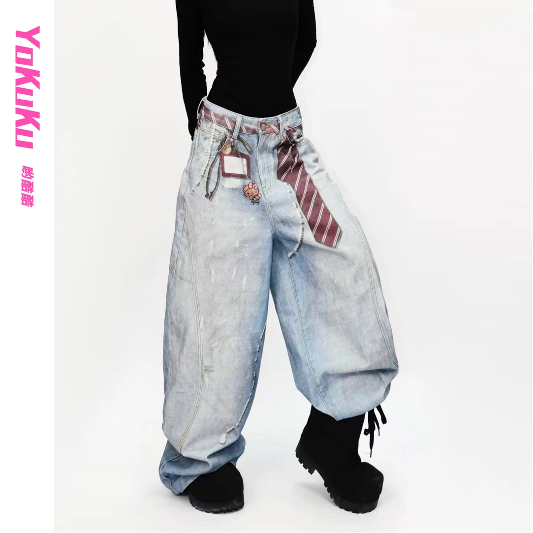 哟酷酷（爱逛街的KT）复古潮酷设计款印花领带腰弯刀宽松阔腿牛仔裤
