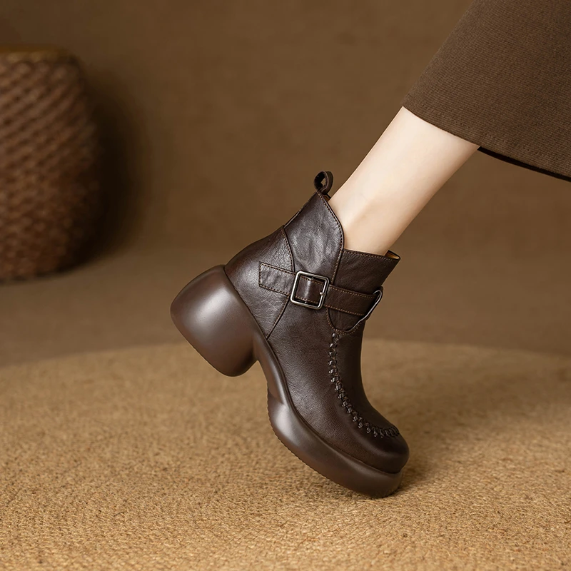 冬季加绒防滑中跟复古短靴女软羊皮瘦瘦靴中跟轻便软底真皮女靴