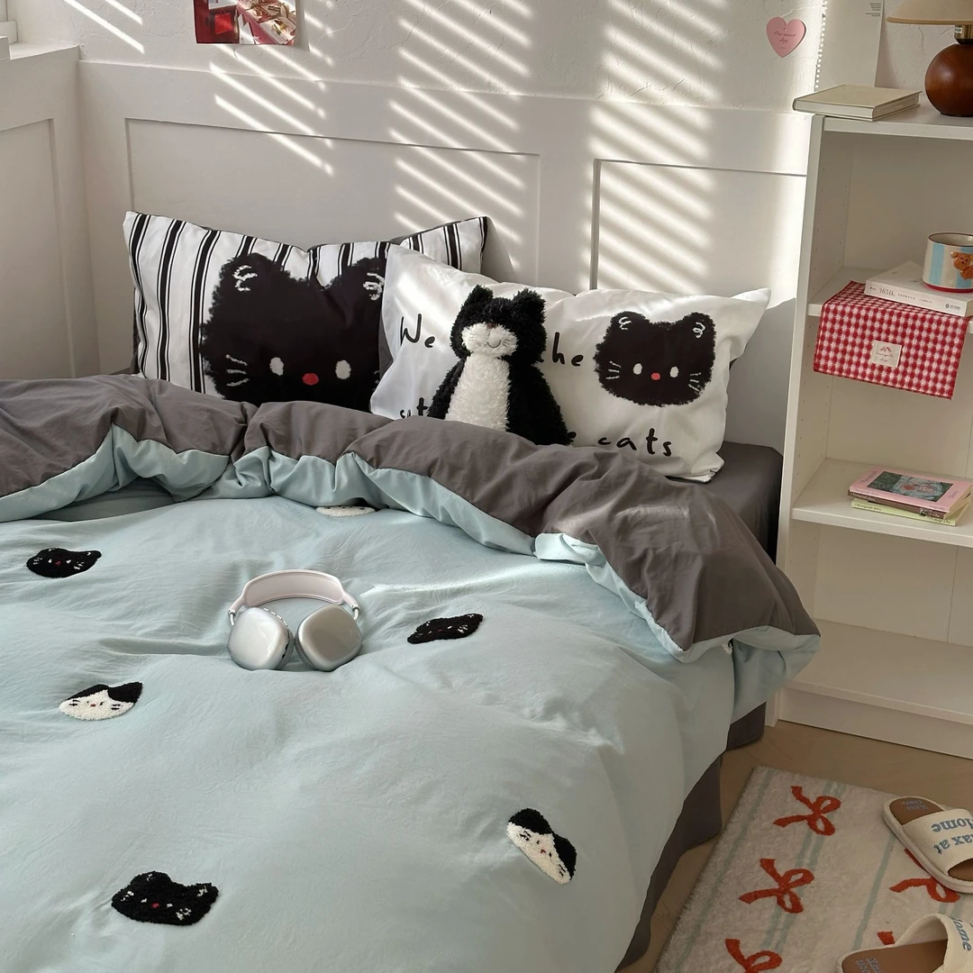 Heart Island【酷酷猫】ins可爱风毛巾绣纯色柔软水洗棉四件套宿舍