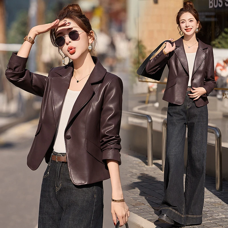 品牌真皮皮衣女春秋新款气质修身显瘦韩版短款女装小西装外套批发