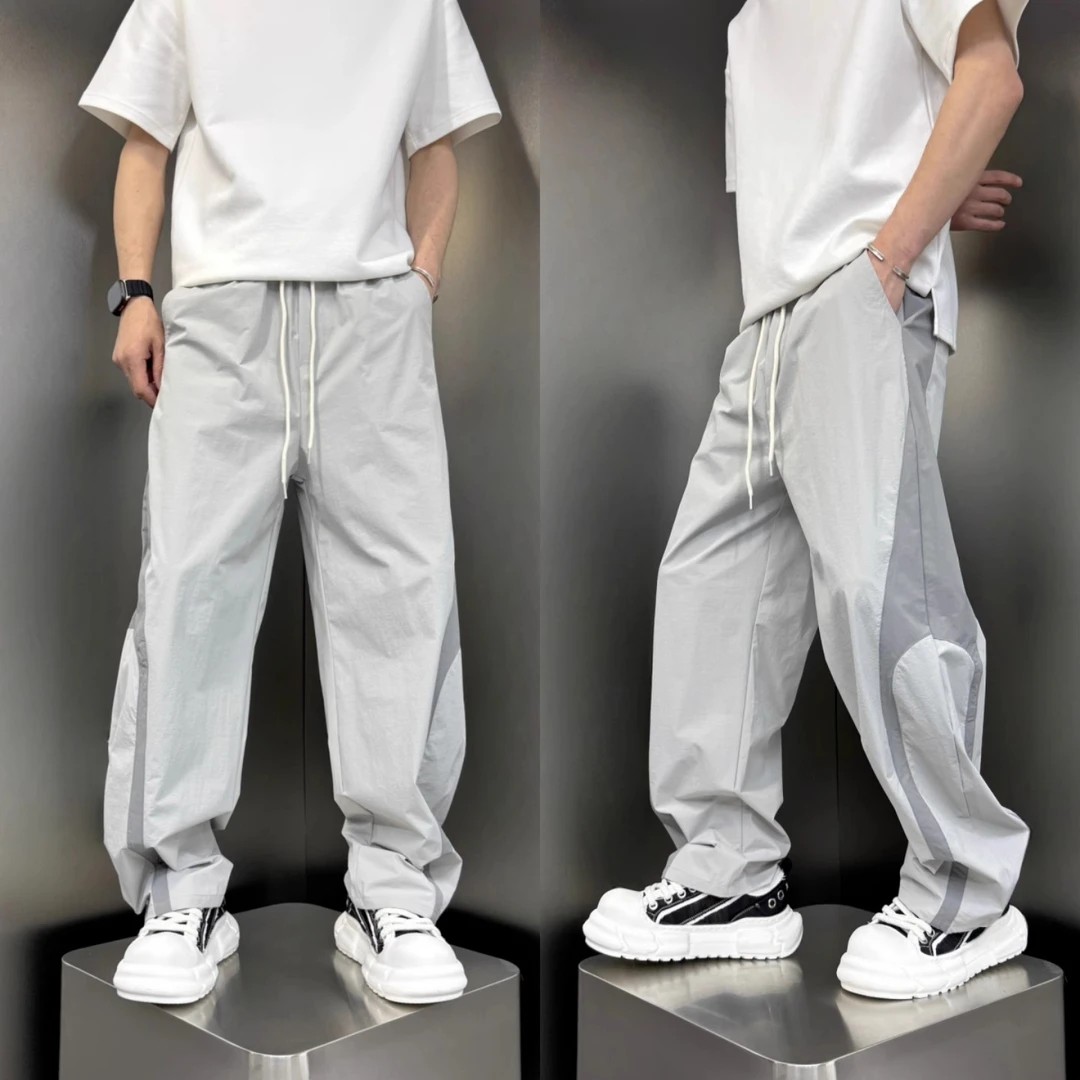 2025夏季新款男士弹力休闲裤宽松拼接直筒裤潮流百搭拼色运动卫裤