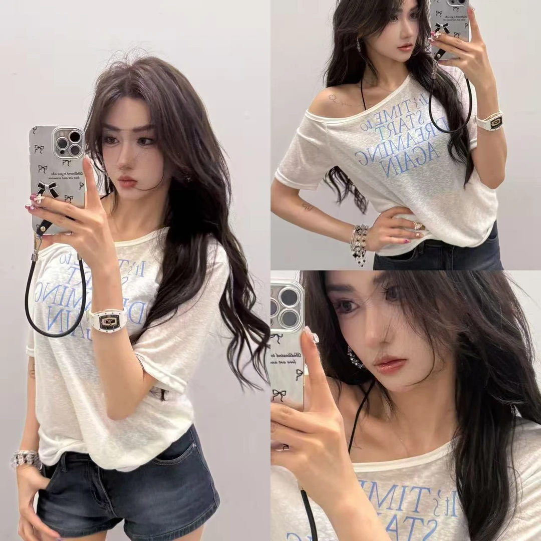 (浠儿姐姐）防晒罩衫女新款夏短袖T恤白色设计感小众露肩斜肩上衣