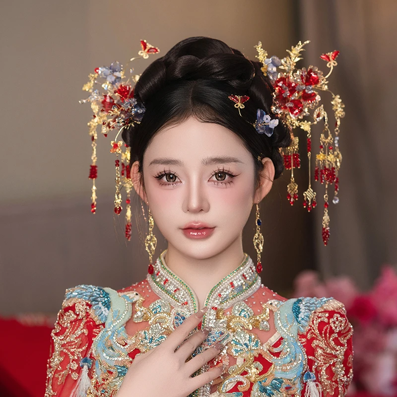 G339秀禾头饰金红色造液花蝴蝶流苏发钗古装头饰中式新娘发饰套装