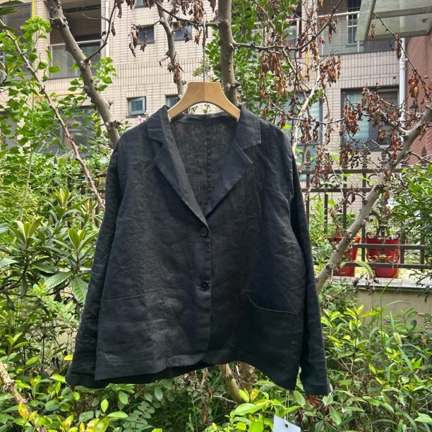 秋季纯亚麻休闲宽松气质显瘦厚款百搭小西装外套女长袖显瘦白色