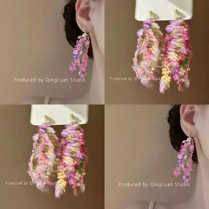 铜合金耳饰 超仙花朵流苏耳环高级感镭射亮片度假风绝美耳钉耳饰