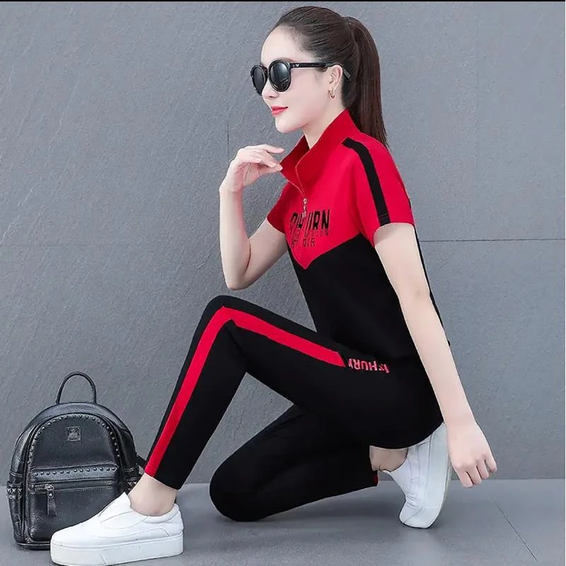 夏季运动套装女2025新款韩版宽松显瘦立领短袖长裤休闲两件套3230