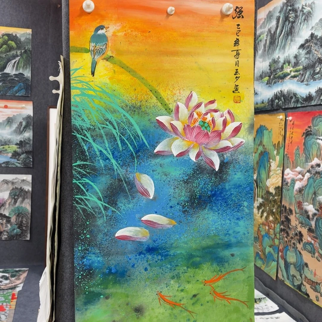 国画100×50彩墨荷花画画画