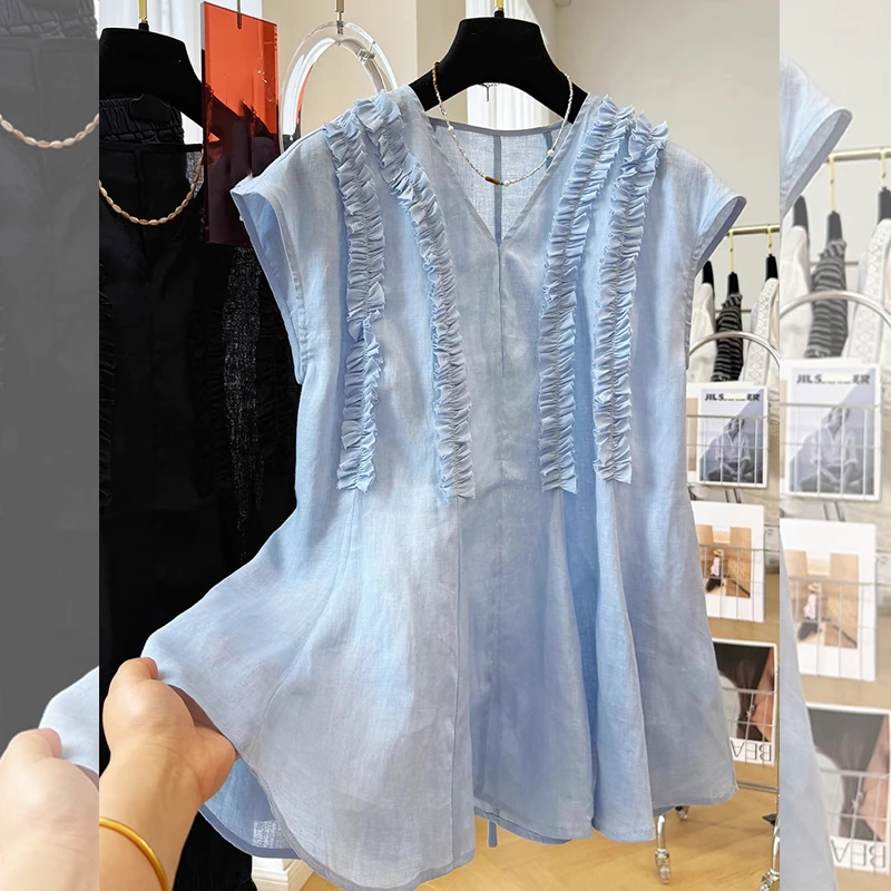 夏季新款木耳边提花收腰大码衬衫女宽松微透小衫设计感十足时尚衣