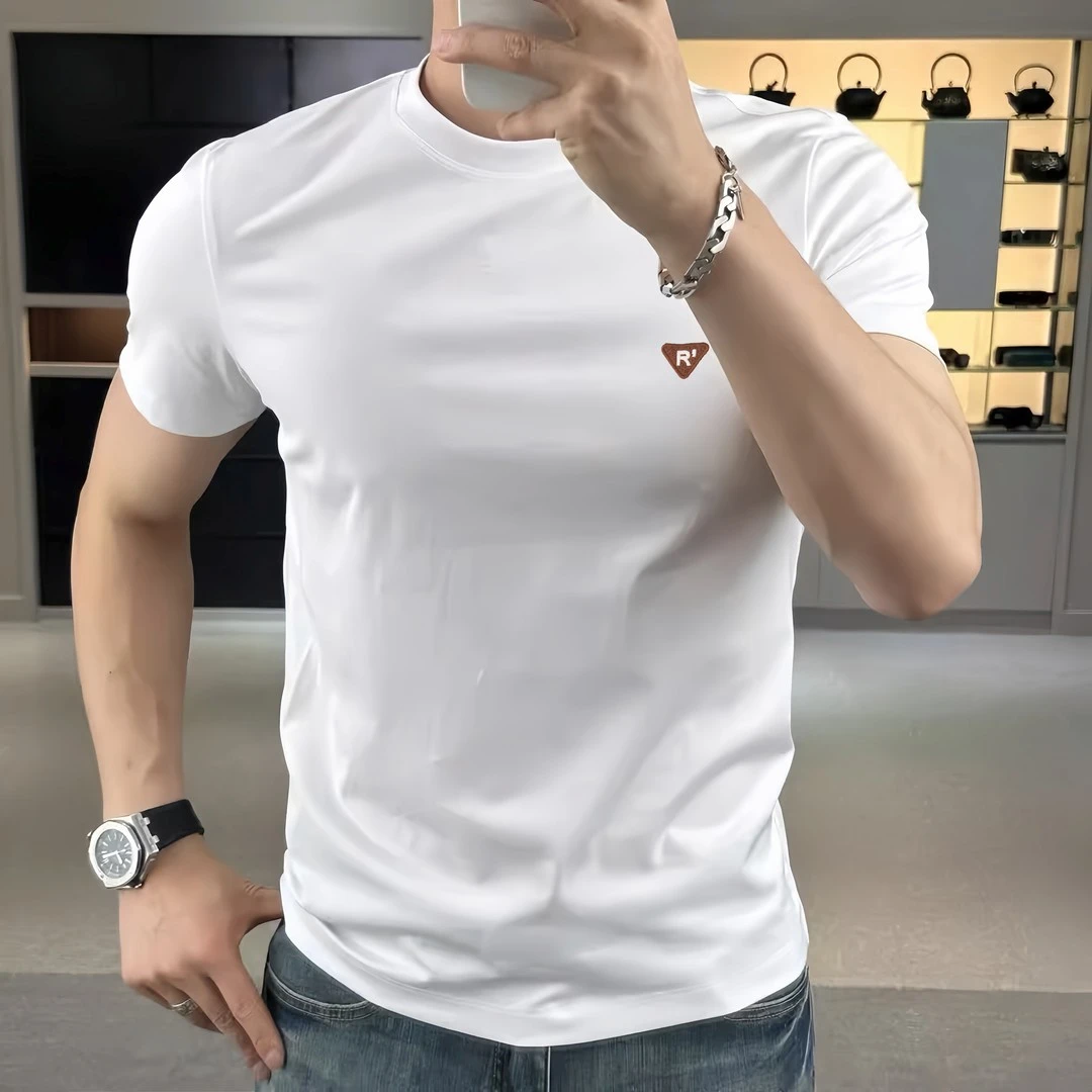 高级感男纯棉纯色简约刺绣短袖T恤上衣休闲潮流百搭轻奢流行欧货