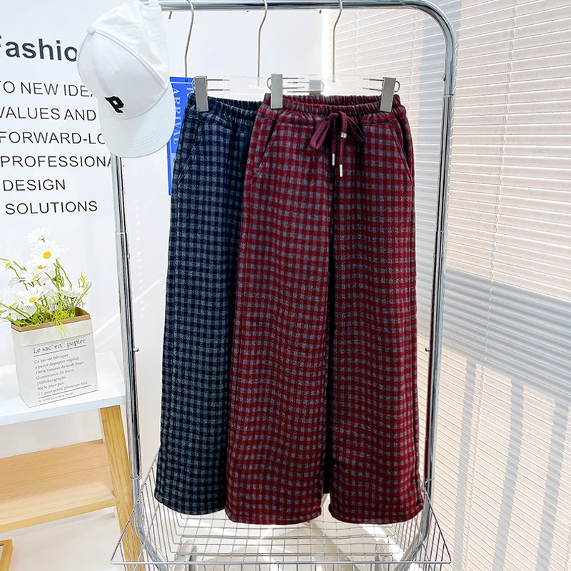 冬季新款女大童加绒格子阔腿长裤洋气宽松舒适百搭zb5088简约童品