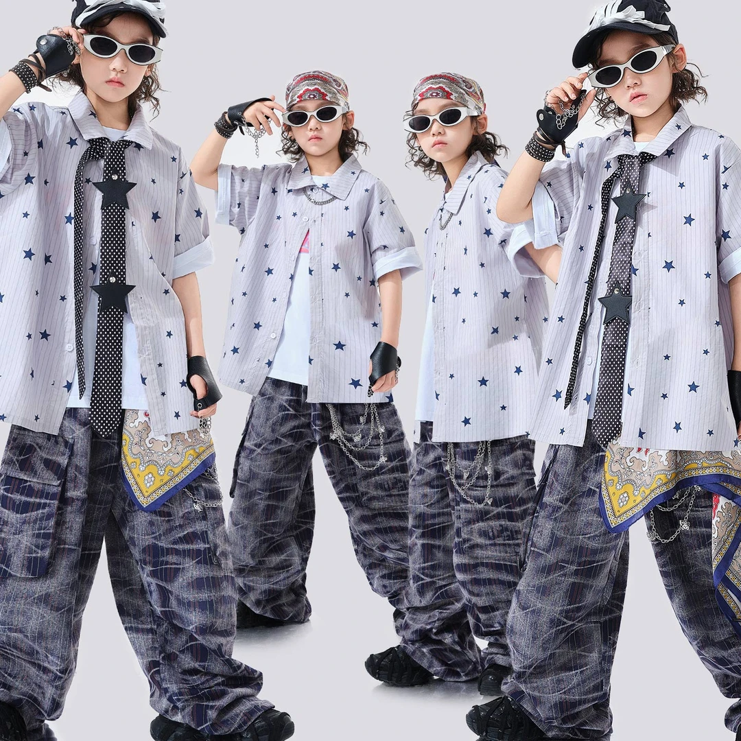 少儿嘻哈街舞服男女童宽松衬衫hiphop舞蹈服架子鼓走秀演出服套装