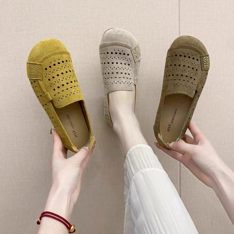 DF春夏2025新款一脚蹬透气镂空洞洞鞋磨砂皮皮软底豆豆鞋