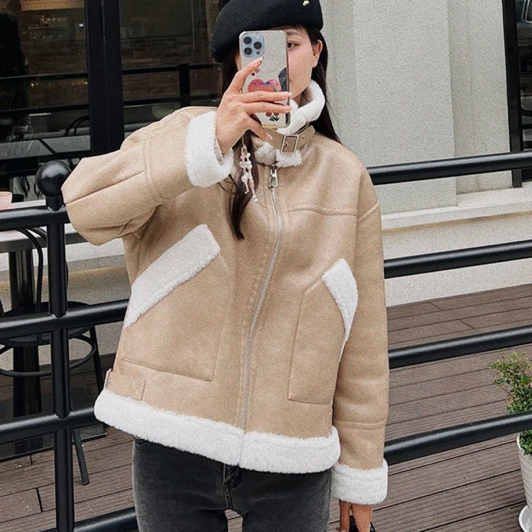 美拉德皮毛一体毛绒拼接外套女2025冬季新款加厚显瘦棉衣棉服棉袄