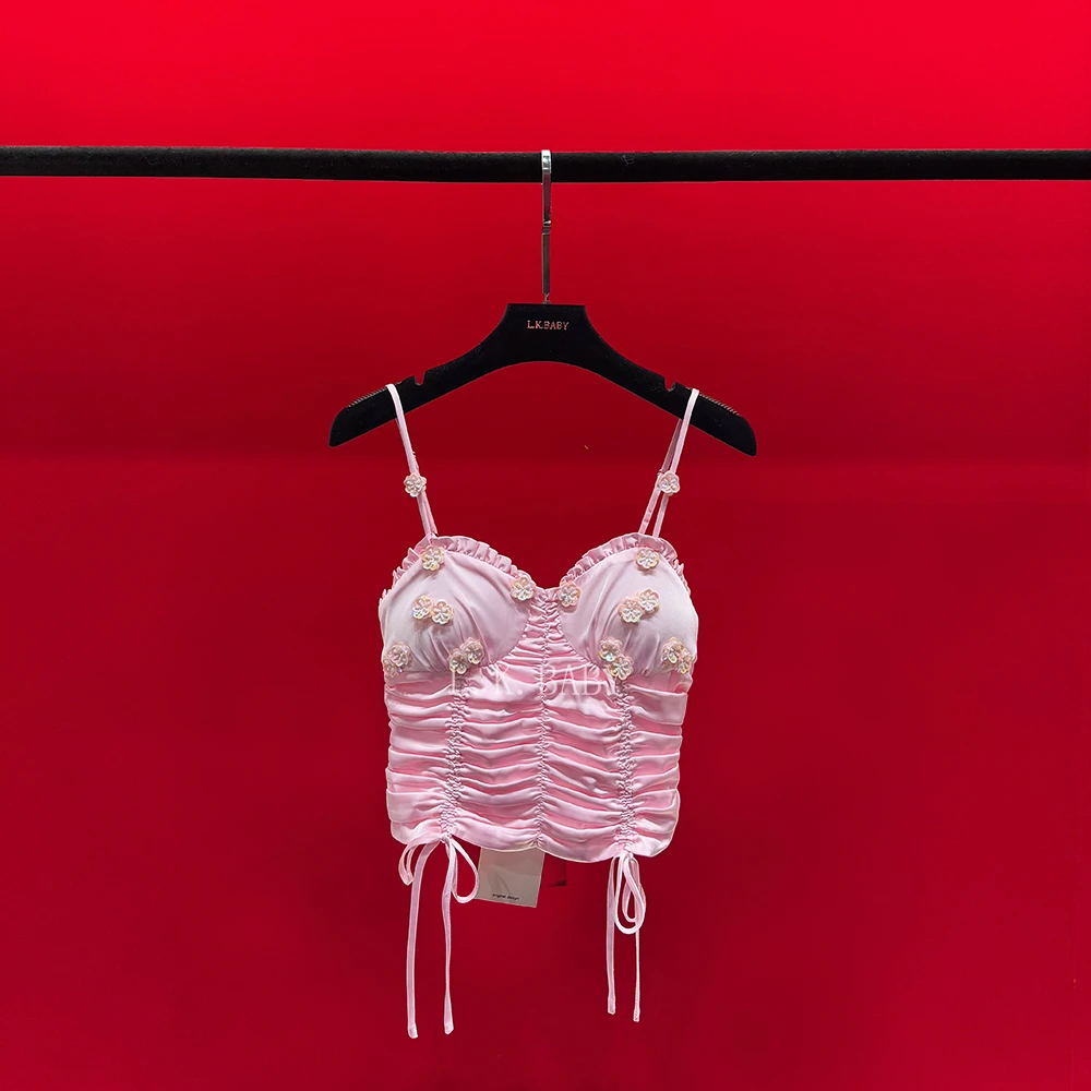 【L.K.BABY】 春日艳   纯欲甜美「Pink芭蕾」显瘦褶皱花朵吊带背心