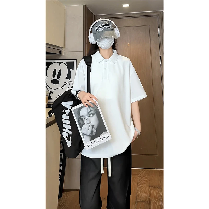 白色简约感短袖T恤夏季休闲风男装2025年新款时尚感翻领百搭上衣