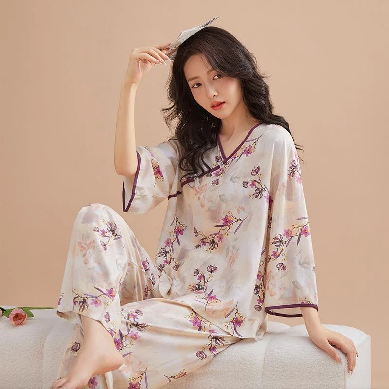 2025春夏纯绵绸睡衣女新中式七分袖甜美花卉国风款人棉家居服套装