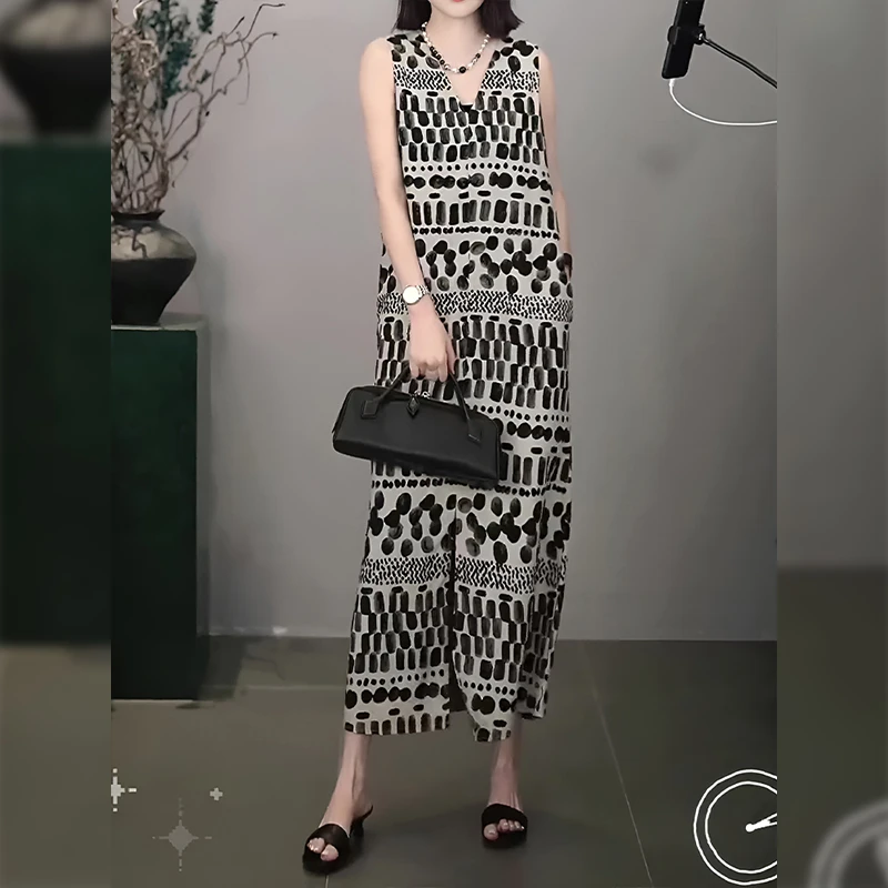 夏季时尚无袖连衣裙女莱赛尔亚麻混纺几何印花波西米亚休闲风长裙