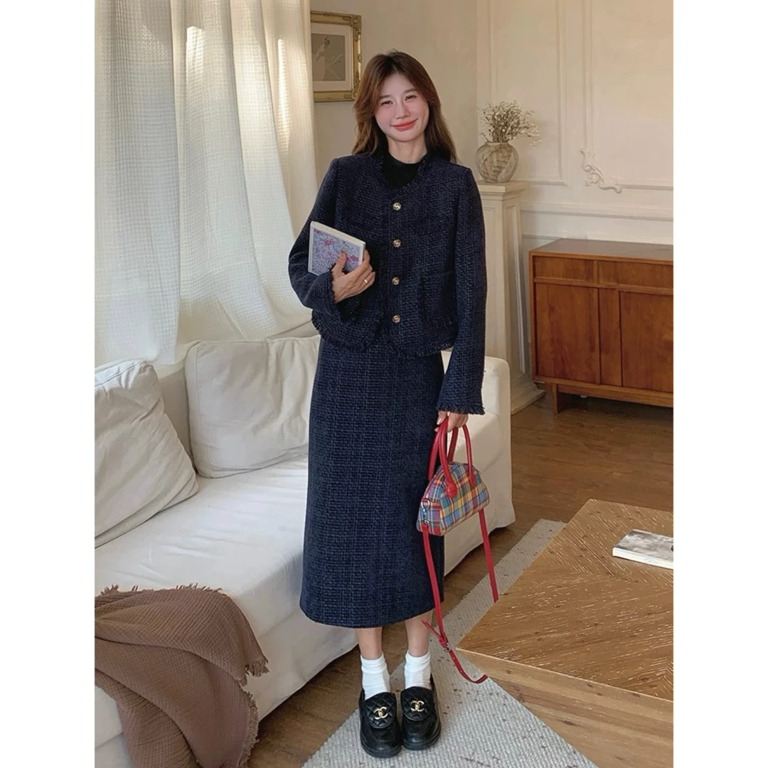 妮妮家833秋冬新款加厚小香风粗花法式轻熟风百搭时髦长裙两件套