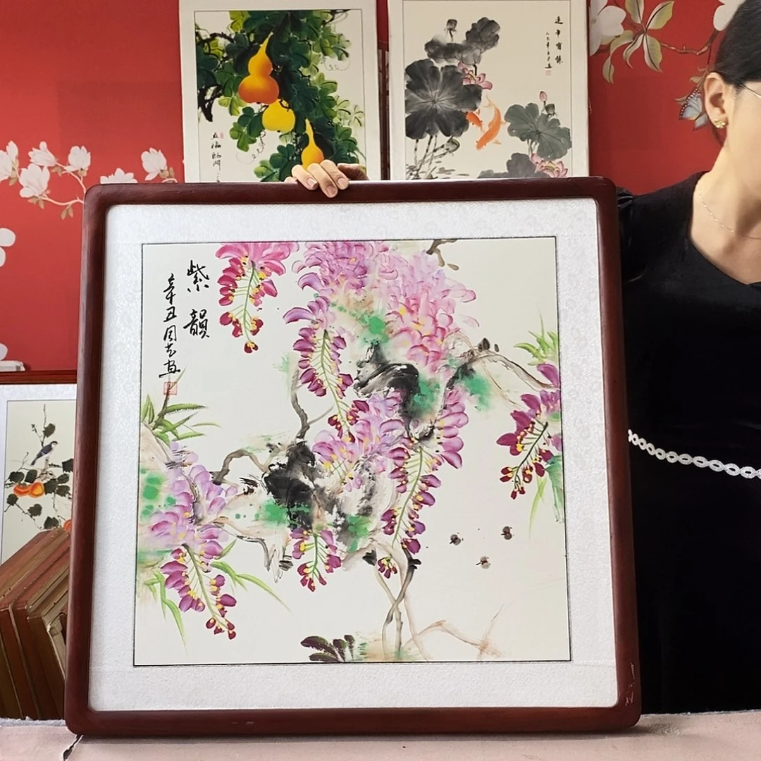 国画手写手绘国画作品带框包邮62✖️62
