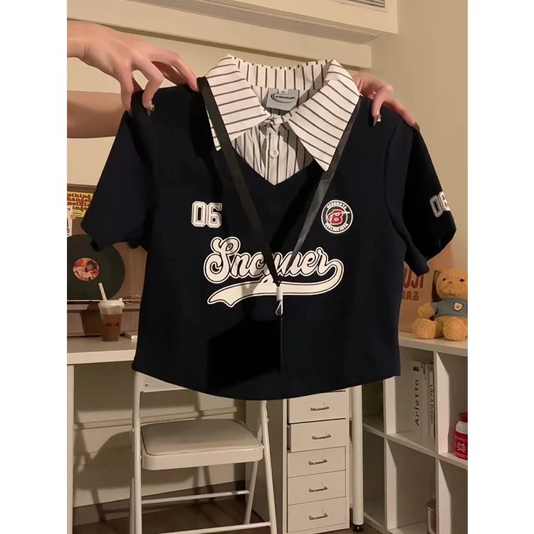 短款夏季黑色少女学生学院风日系支奥代尔克假两件领短袖恤女