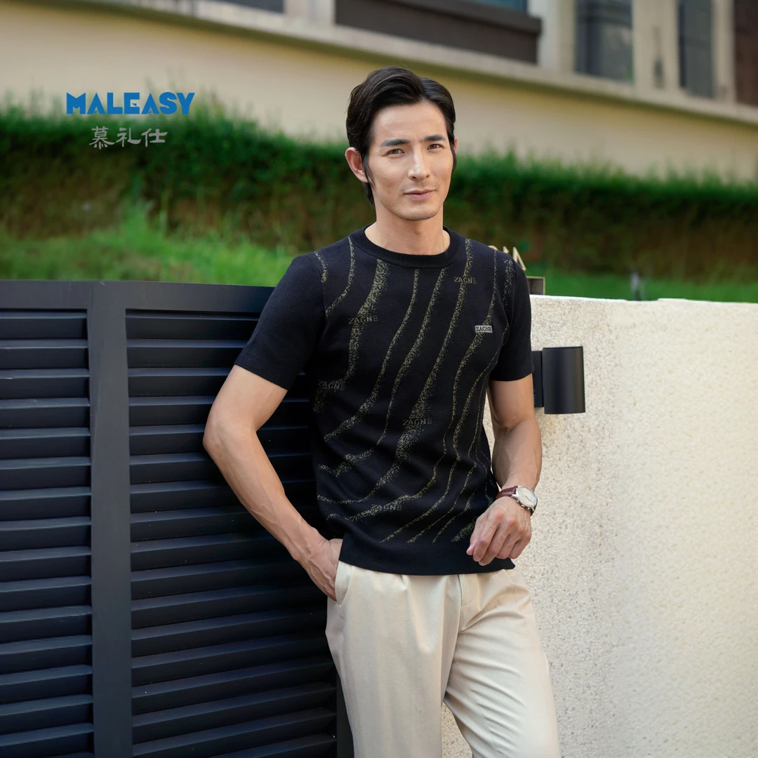 MALEASY/慕礼仕春夏新款男士轻奢短袖针织衫休闲修身圆领T恤