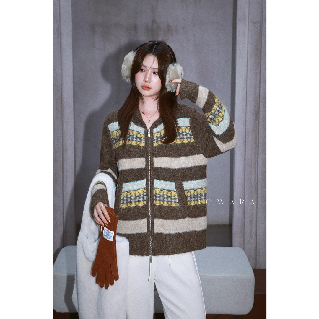 现货大婉酱微胖定制绵羊毛提花休闲复古费尔岛连帽毛衣冬季1169D