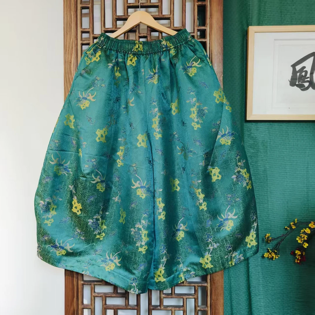 凤徕兮私人定制绿底卡通小花暗纹全松紧花苞裤（SK5411）单