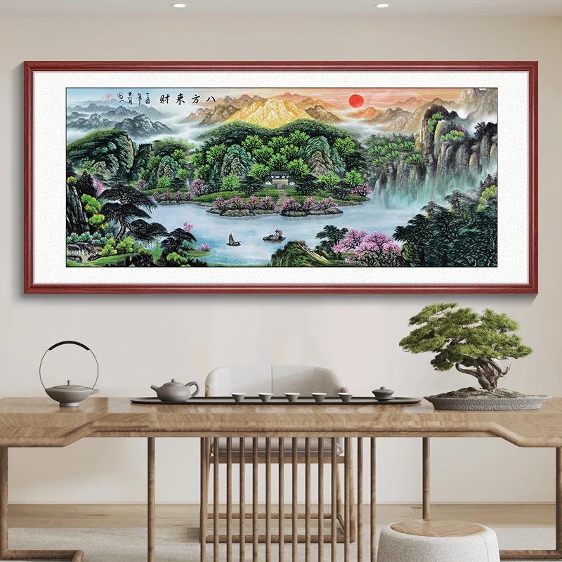 画事未了带太阳八方来财新中式客厅装饰画办公室沙发山水喷绘国画