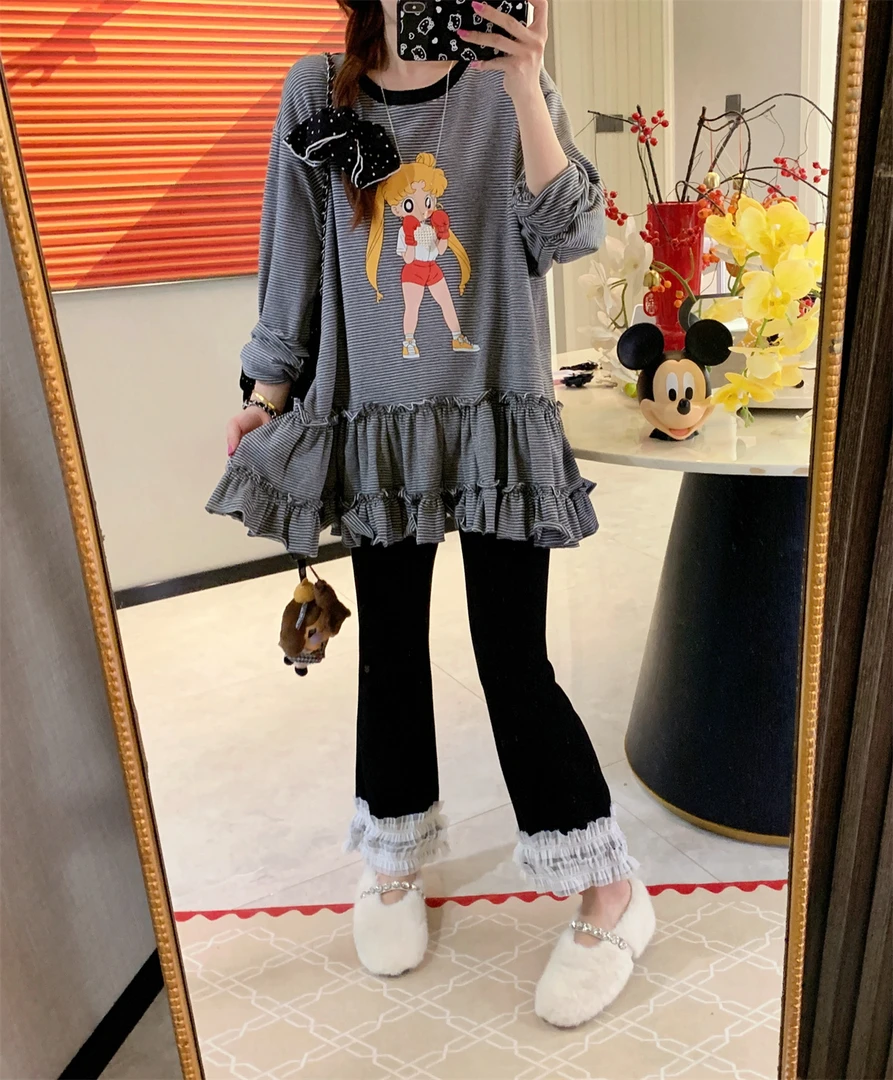 JENNIFER JXLIU 超洋气条纹美少女卡通印花木耳边宽松长袖T恤上衣