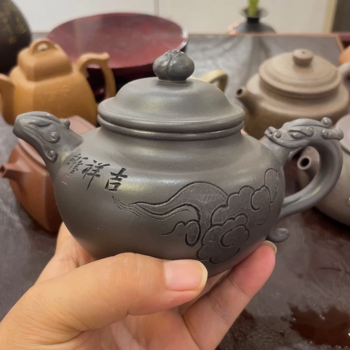 岁***迹紫砂茶壶高温天青手工刻绘