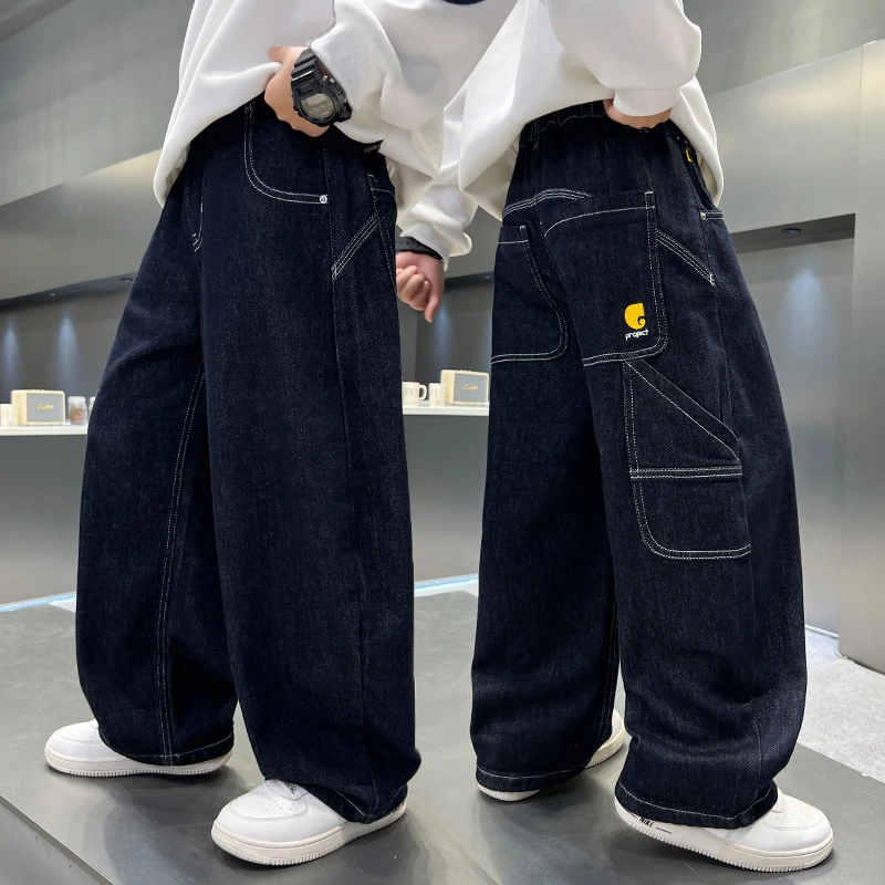 男童牛仔裤2025新款中大童韩版痞帅裤子宽松男孩洋气百搭阔腿裤潮