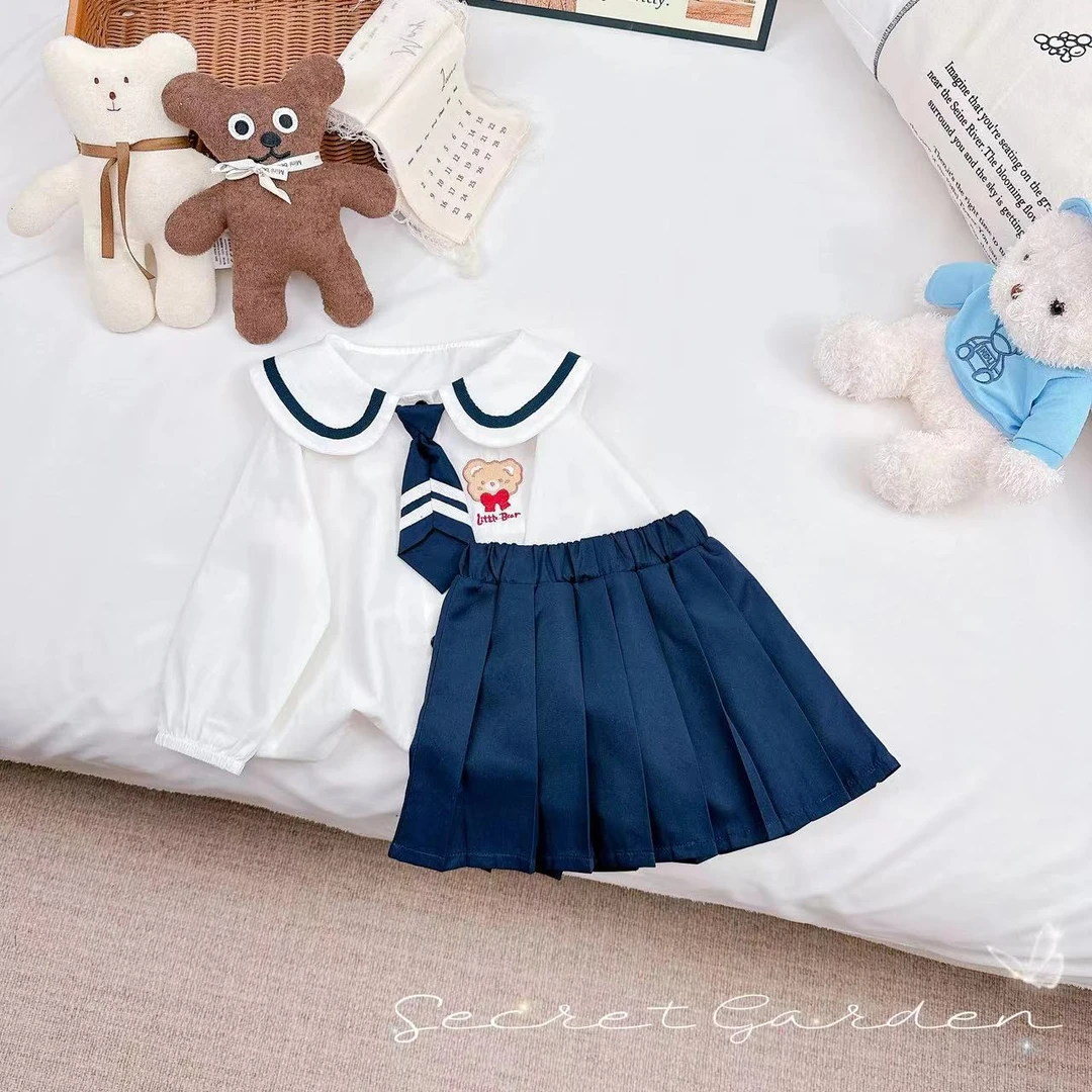 【甜酷学妹】春秋新品学院风上衣棉布洋气女童百褶裙套装 D-W69