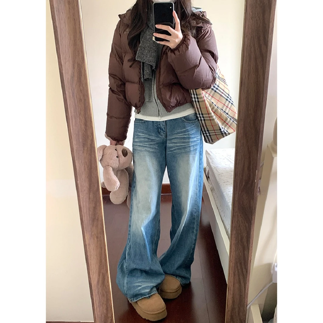 美式折痕阔腿牛仔裤女2025春秋新款高腰做旧宽松垂感直筒拖地裤子