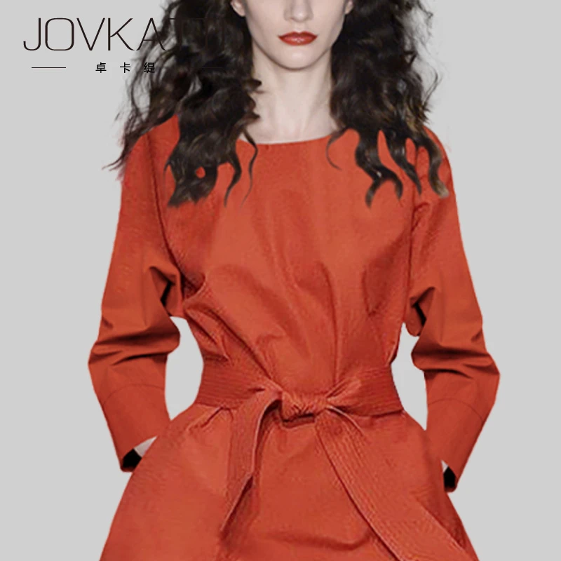 Jovkatti欧美简约大摆A字裙子2025秋季新款长袖修身收腰优雅