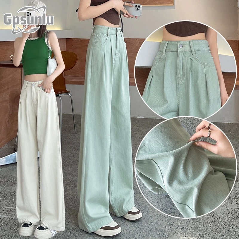 gpsunlu美式工装牛仔裤女夏高腰薄荷绿直筒薄荷绿白色牛仔阔腿裤