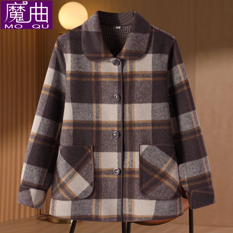 妈妈春装外套薄款呢子大衣格子毛呢春秋外套高档短款减龄洋气上衣